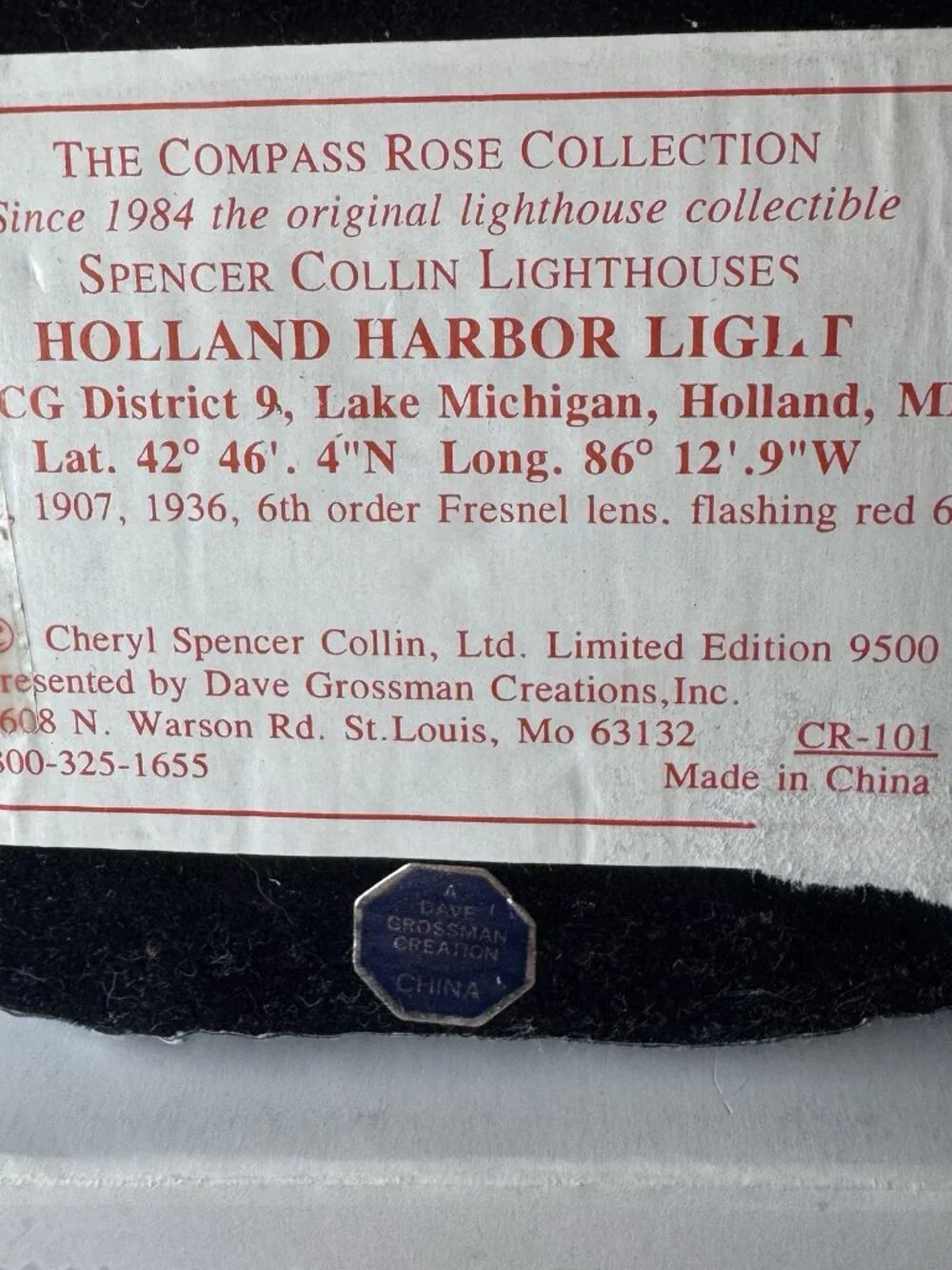 Vintage 1999 Spencer Collins Holland Harbor MI Big Red Lighthouse Collectible